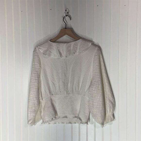 Free People Cream Ruffle Tie Blouse L Balloon Sleeve Boho Cottagecore Lace Knit - Picture 2 of 9